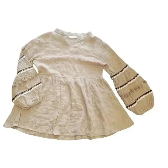 AndTheWhy Women's Light Brown Crinkled Cotton Long Sleeve V-Neck Top NEW - Picture 10 of 16